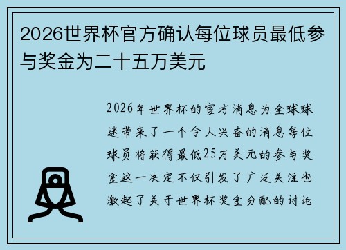 2026世界杯官方确认每位球员最低参与奖金为二十五万美元 2026世界杯官方确认每位球员最低参与奖金为二十五万美元